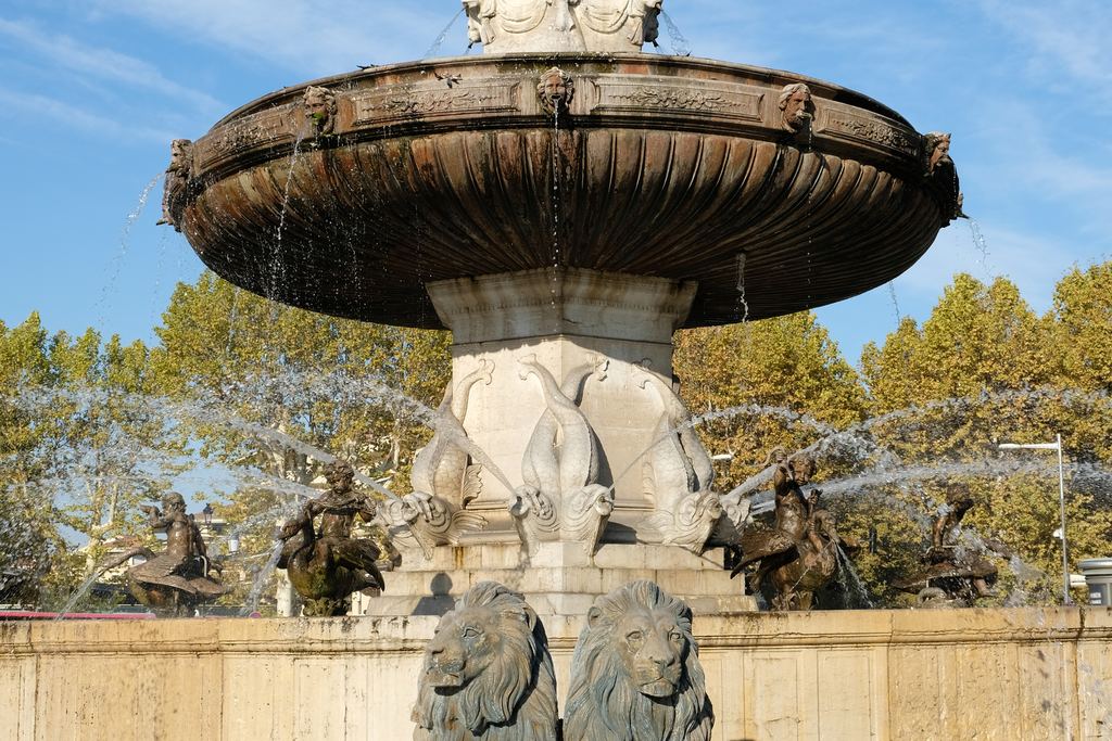 The Rotonde fountain with statues and lions at the foot of the Cours Mirabeau in Aix-en-Provence