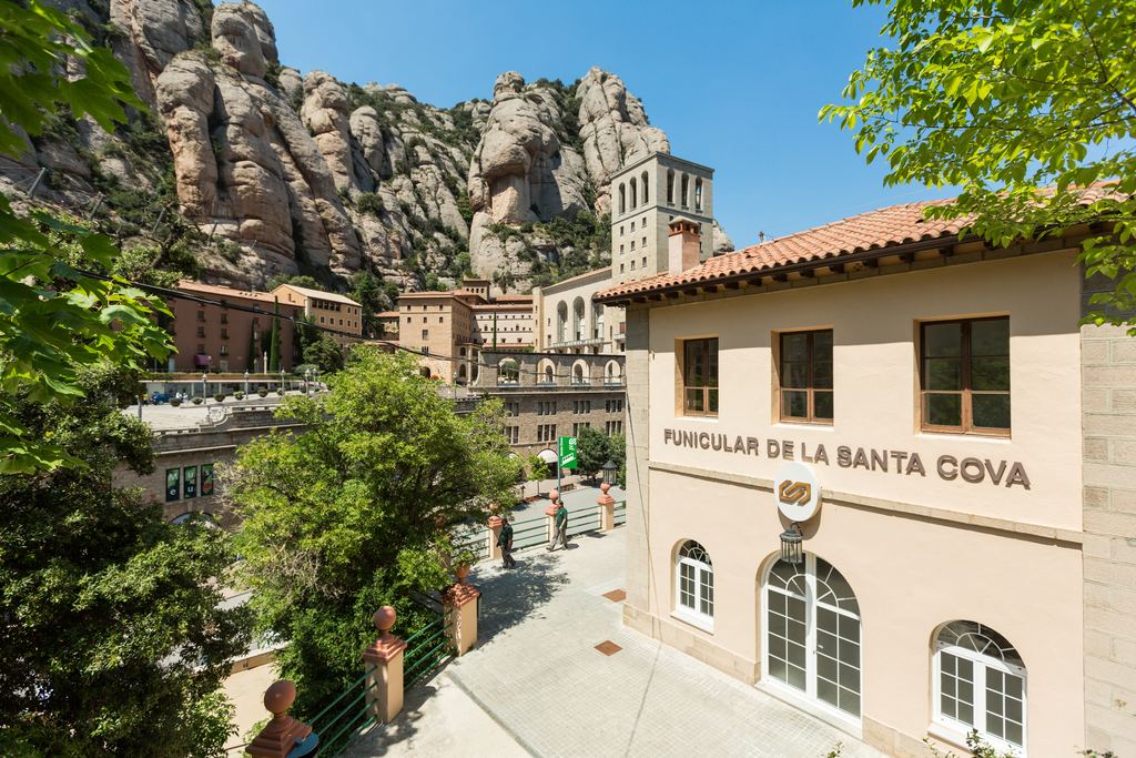 The Funicular de la Santa Cova station with Montserrat rock behind it