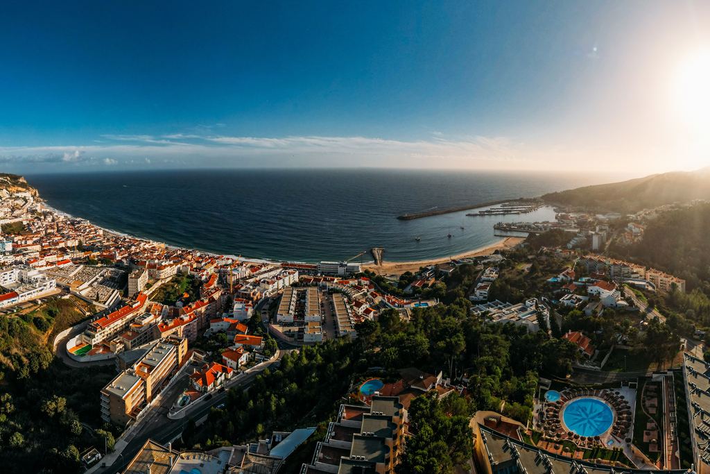 Aerial view of the coastal town of Sesimbra and its bay, Portugal