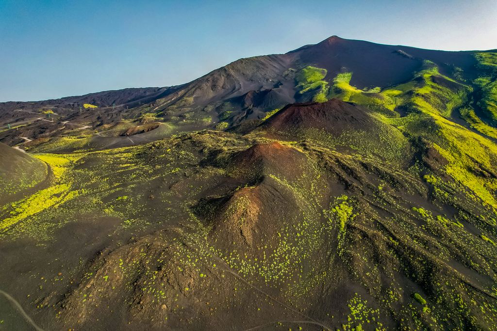 Aerial view of the Silvestri craters on the southern slope of Mount Etna