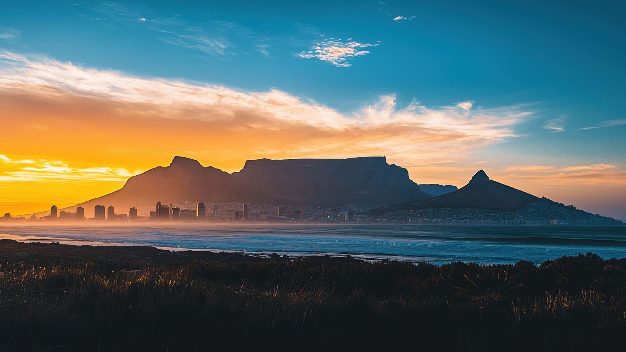 Table Mountain at sunset with clouds above the Cape Town skyline, South Africa