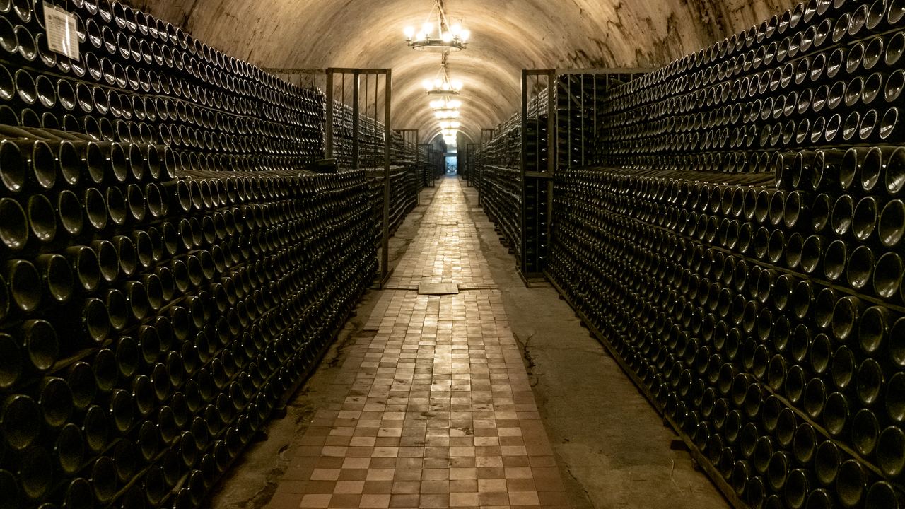 Long vaulted stone cellar corridor with a tiled floor and walls of aged wine bottles on both sides