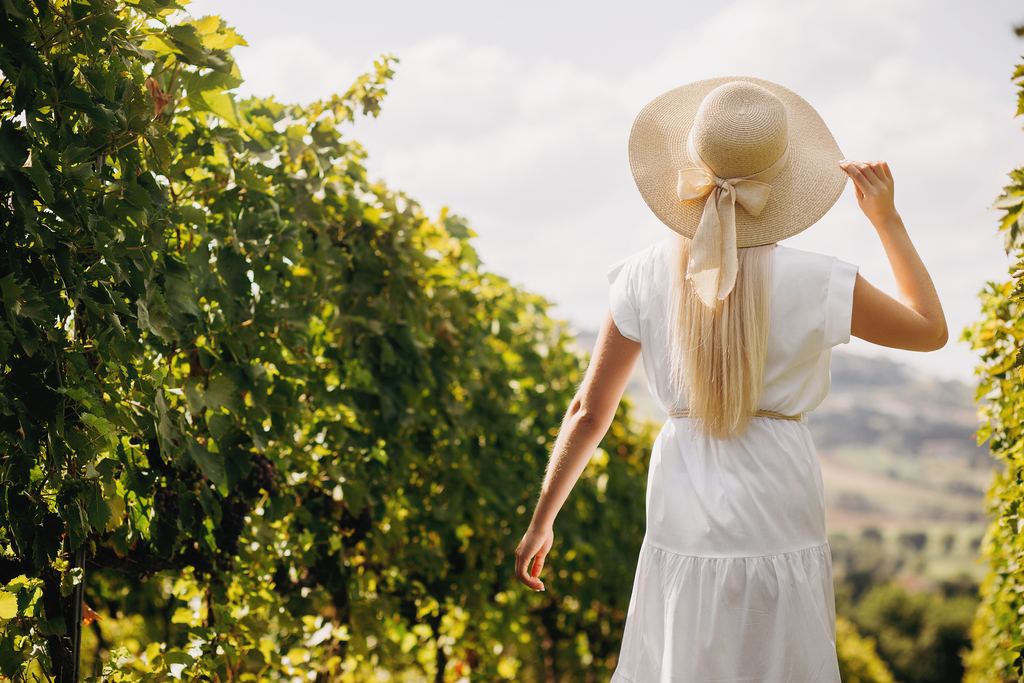 Visitor in a wide-brimmed straw hat and white summer dress seen from behind, walking between sunlit vine rows