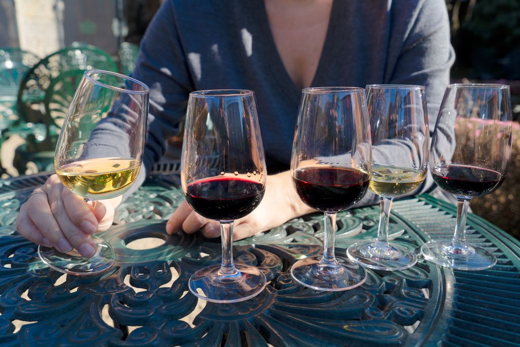 Flight of five wine glasses, red and white, lined up on an outdoor table for a tasting